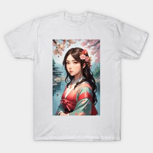 Sakura Lake Serenity: Portrait of a Japanese Girl T-Shirt